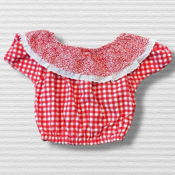 Vintage Bonjour Girls Peasant Top Red Gingham Eyelet Lace Y2K Cottagecore 10/12 - Picture 6 of 8